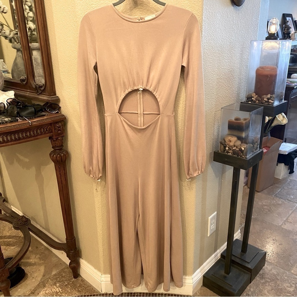 ZARA Women Nude Cut Out Front Wide Leg Cropped Jumpsuit Size Small